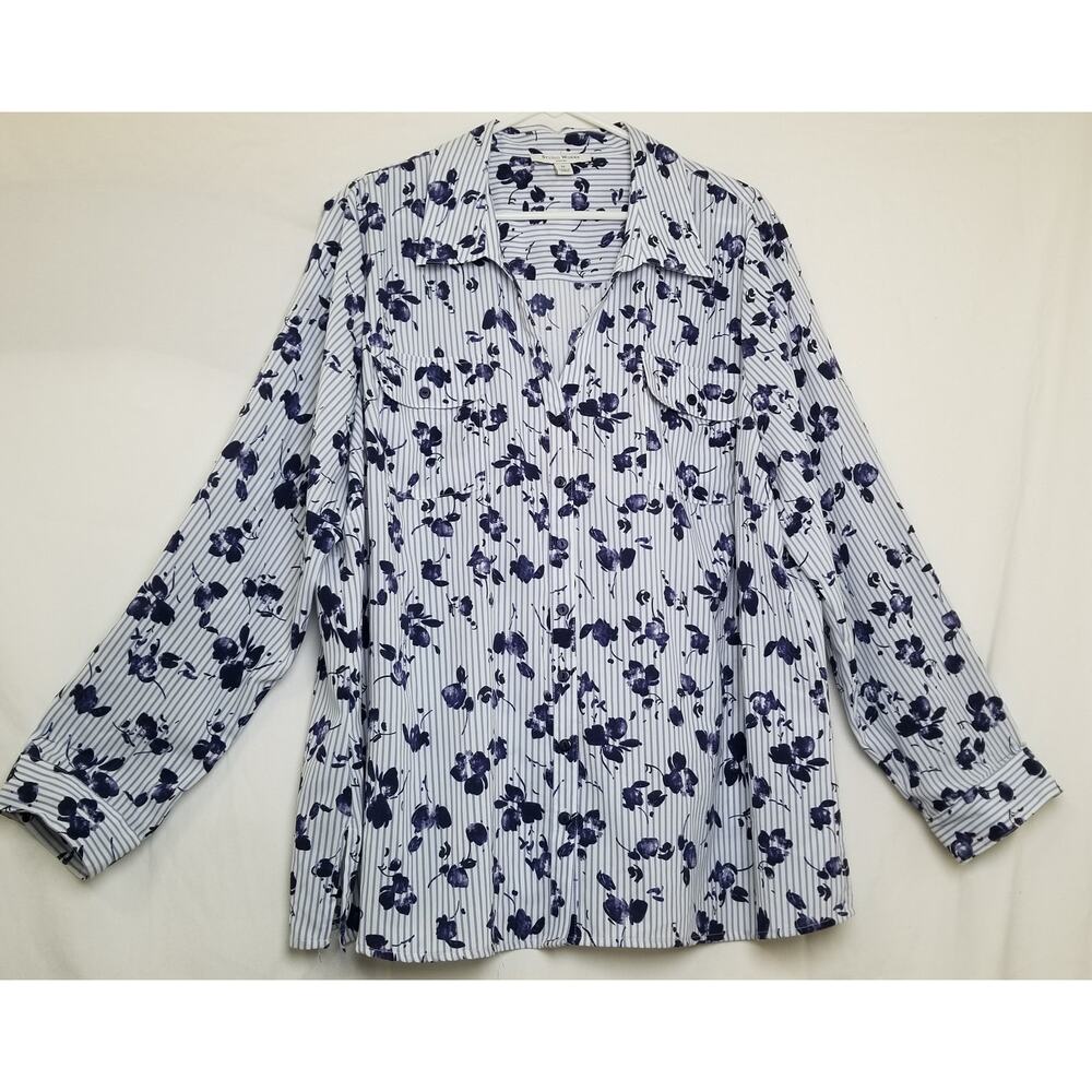 Studio Works Woman - Blue Striped Floral Button Down Long Sleeve Shirt Size 3X
